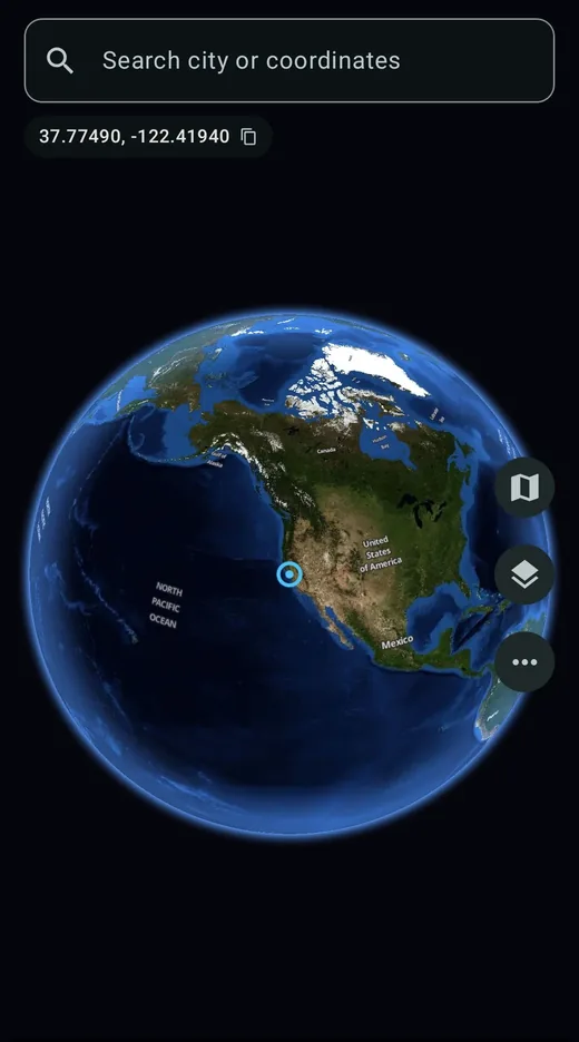 GPS Spoofer on Android: a 3D globe with a search box for any city or coordinates.